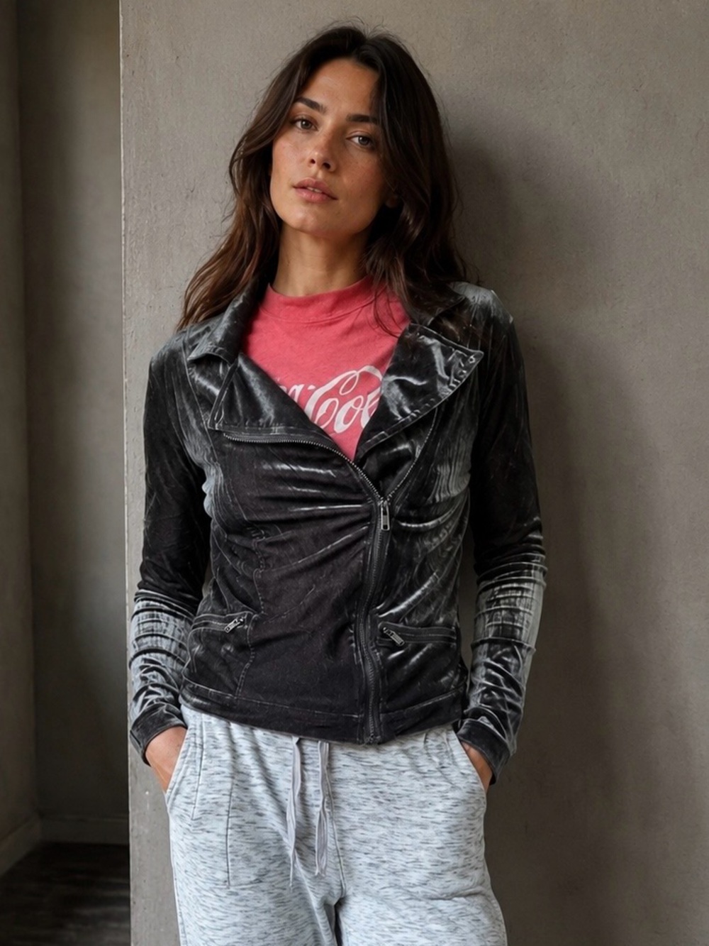 Mudd Gray Velvet Lightweight Fitted Y2K Moto Jacket Blazer